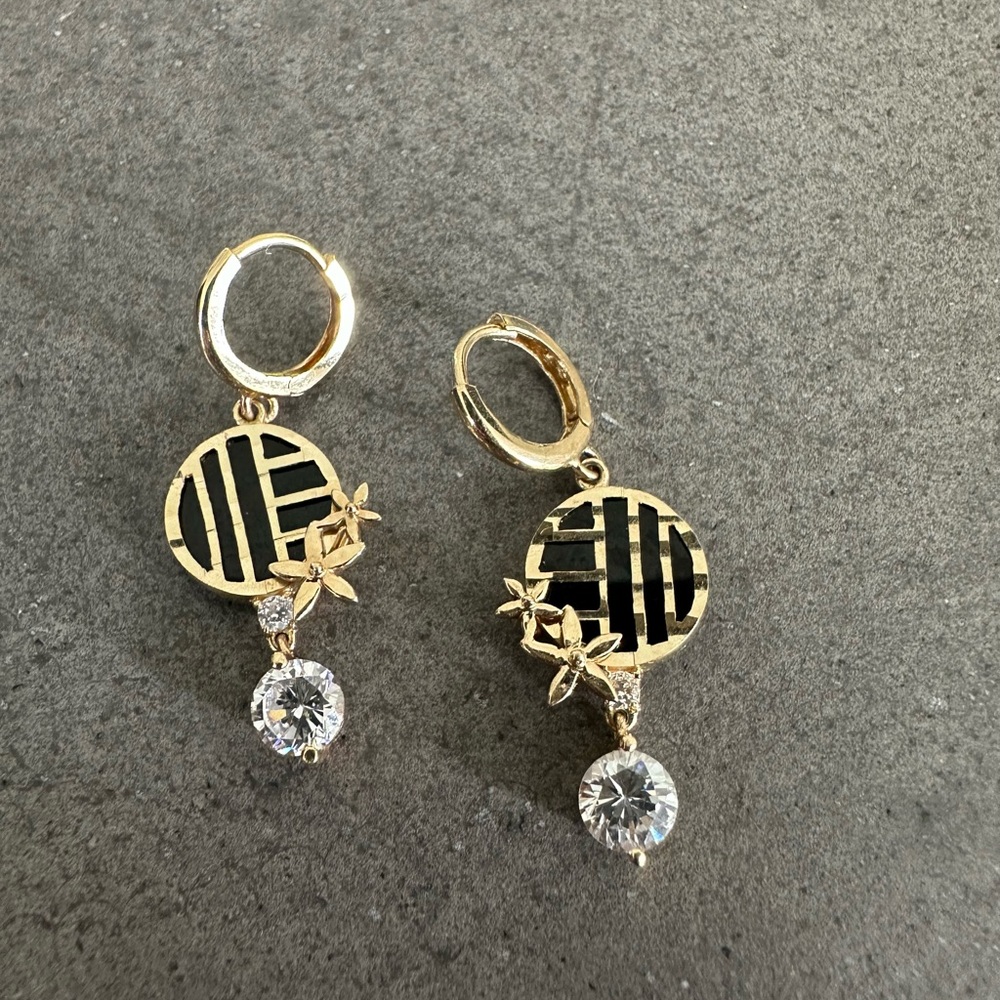 14k Solid Yellow Gold Onyx and CZ Drop Earrings